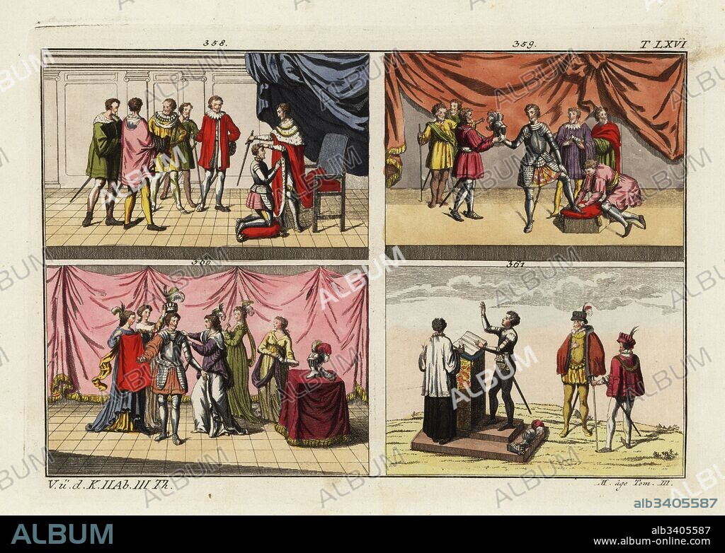 Knighthood ceremonies: a knight kneels to be dubbed with a sword 358, a squire attaches spurs to the knight's armour 359, a knight is dressed in armour by women 360, and a knight swears an oath to the Order on the Bible 361. From Marc Vulson de la Colombiere's Le Vrai Theatre d'Honneur et de chevalerie, 1648. Handcoloured copperplate engraving from Robert von Spalart's Historical Picture of the Costumes of the Principal People of Antiquity and of the Middle Ages, Chez Collignon, Metz, 1810.