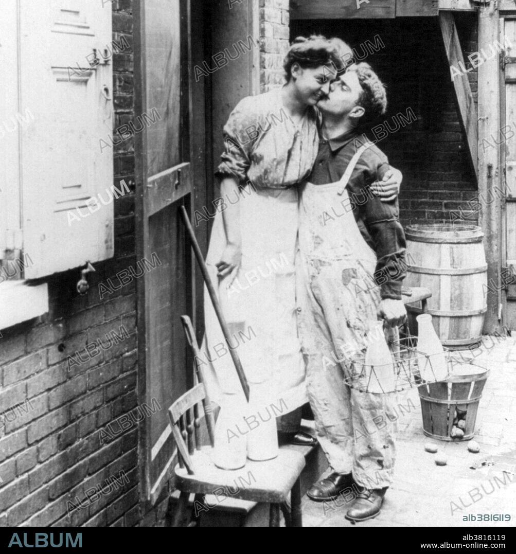 Entitled: "The milkman's reward for good measure" showing a milkman kissing a woman. Depending on the culture and context, a kiss can express sentiments of love, passion, romance, eroticism, sexual attraction, affection, respect, greeting, friendship, peace and good luck, among many others. In some situations a kiss is a ritual, formal or symbolic gesture indicating devotion, respect, or sacrament. Kissing has been recorded for at least the last five millennia. The study of kissing started some time in the 19th century and is called Philematology. Cropped stereograph from a set of amorous situation comedies involving domestics, 1904.