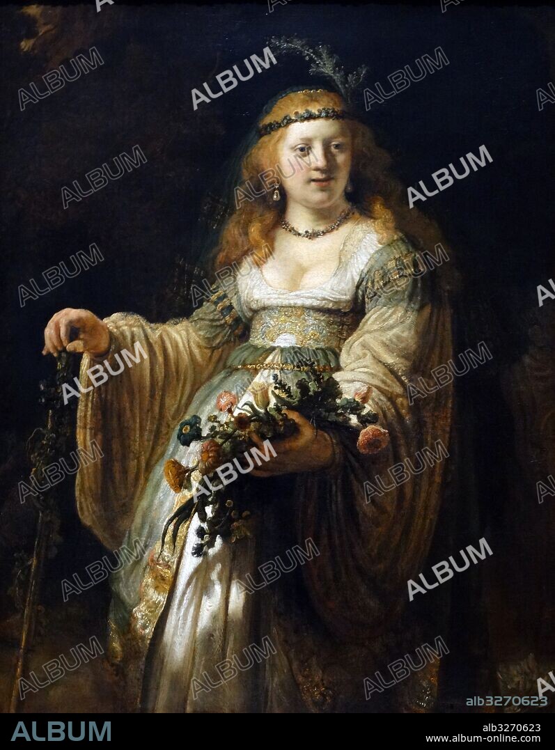 Painting titled 'Saskia van Uylenburgh in Arcadian Costume' by Rembrandt Harmenszoon van Rijn (1606-1669) a Dutch painter and etcher. Dated 17th Century.