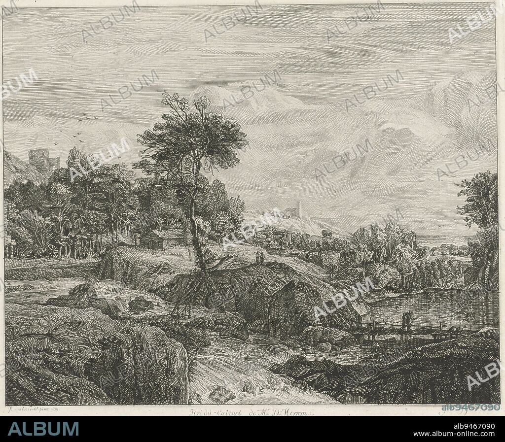 Landscape with rocks and a flowing stream. Slightly left of center is a tree, to right a figure walks across a bridge. Caption: Tiré du cabinet de M. de Merrem, Rocky Landscape, print maker: Johannes Pieter de Frey, (mentioned on object), after: Rembrandt van Rijn, (attributed to), 1801, paper, etching, h 191 mm × w 224 mm.