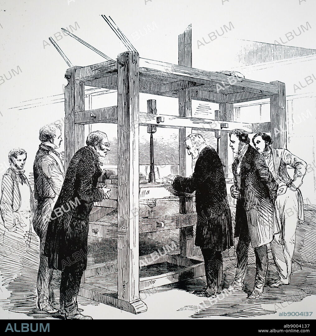 An engraving depicting the Duke of Wellington at the diamond cutter's wheel cutting the first facet in the reworking of the Koh-I-Noor diamond. Dated 19th century.