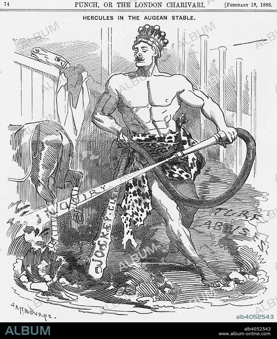 'Hercules in the Augean Stable', 1888. Hercules attempts to clean the Augean Stables. Recent abuses in the sport of racing had led to an enquiry being set up. From Punch, or the London Charivari, February 18, 1888.