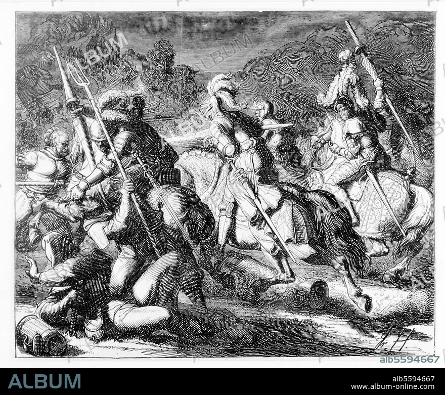 Bauernkriege 1524/25. Schlacht bei Königshofen am 2. Juni. 1525 (Truppen des Schwäbischen Bundes siegen über die Bauern). "Georg Truchseß von Waldburg zersprengt die Schlachthaufen der Bauern durch einen Reiterangriff". Holzstich, 1877.