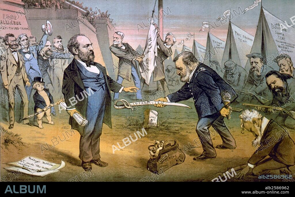 The Appomattox of the third termers, unconditional surrender' Cartoon showing Ulysses S. Grant, wearing Civil War uniform, in front of tents "Camp Bourbon," "post trading tent," etc., and Belknap, Cameron, Williams, and Murphy, as soldiers with unhappy faces, handing damaged sword "IIId. term imperialism" to James Garfield, who is holding paper "for nomination President Garfield," in front of "Fort Alliance (anti-third-term).".