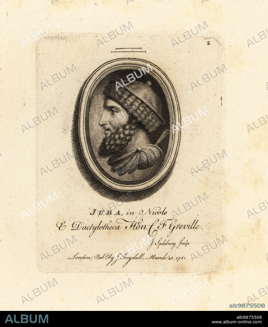 Portrait in profile of King Juba I of Numidia, c.8546 BC. Juba in Nicolo & Dactylotheca. From the collection of the antiquarian Charles Francis Greville. Mezzotint copperplate engraving by John Spilsbury from his Collection of Fifty Prints from Antique Gems, John Boydell, London, 1785.