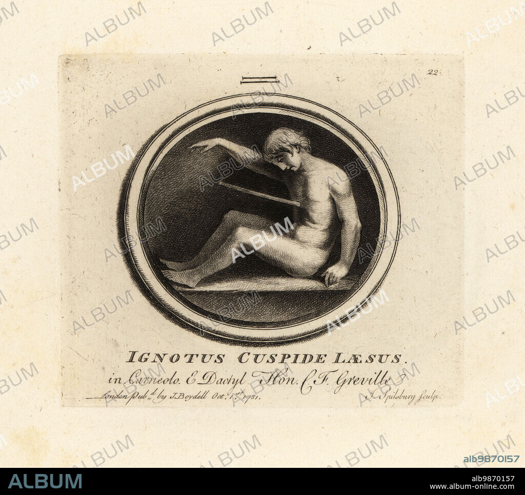 Naked ancient warrior impaled on a spear. Unknown figure engraved on carnelian and dactylotheca. From the collection of the antiquarian Charles Francis Greville. Ignotus Cuspide Laesus in Carneolo & Dactyl. Mezzotint copperplate engraving by John Spilsbury from his Collection of Fifty Prints from Antique Gems, John Boydell, London, 1785.