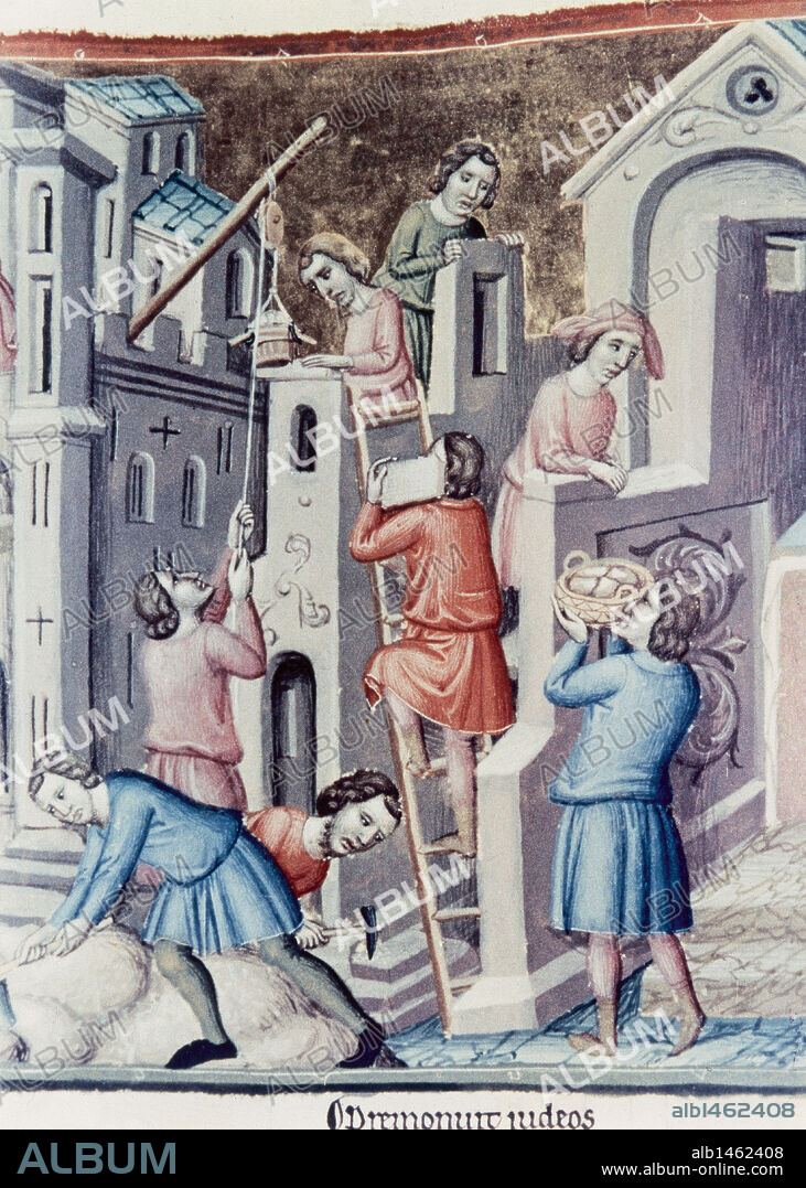 England. Construction of a castle in a medieval village. 15th century. Cantherbury Psalter. National Library. Paris. France.