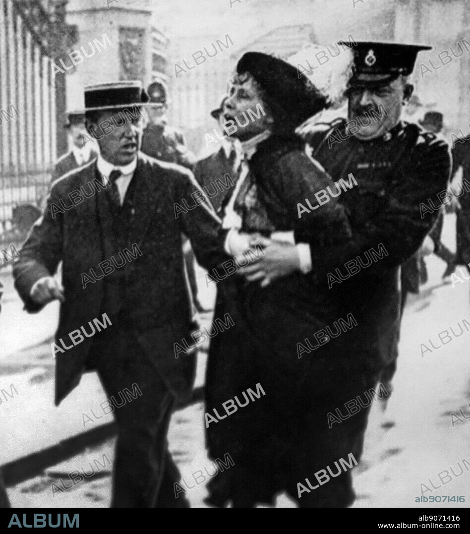 Photograph of Emmeline Pankhurst being arrested in Britain. Emmeline Pankhurst (1858-1928) a British political activist and helper of the British suffragette movement who helped women win the right to vote.