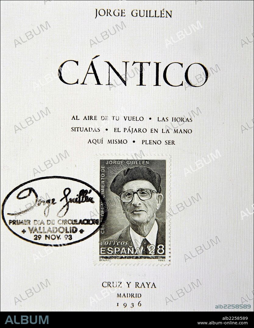 GUILLEN , JORGE. ESCRITOR ESPAÑOL. VALLADOLID 1893-. SELLO DE CORREOS CON MOTIVO DEL CENTENARIO DE SU NACIMIENTO , SOBRE UNA PORTADA DE " CANTICO ". EDICION 1936.