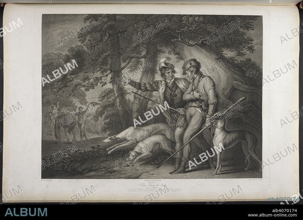 WILLIAM SHAKESPEARE. Third Part of King Henry VI act IV scene V- a park, near Middleham Castle in Yorkshire. King Edward and huntsmen; Gloster, Hastings and Sir William Stanley in the distance. A Collection of Prints, from pictures painted for the purpose of illustrating the Dramatic Works of Shakspeare, by the Artists of Great Britain. London : J. & J. Boydell, 1803. Source: Tab.599.c vol. II, plate XX. Language: English.