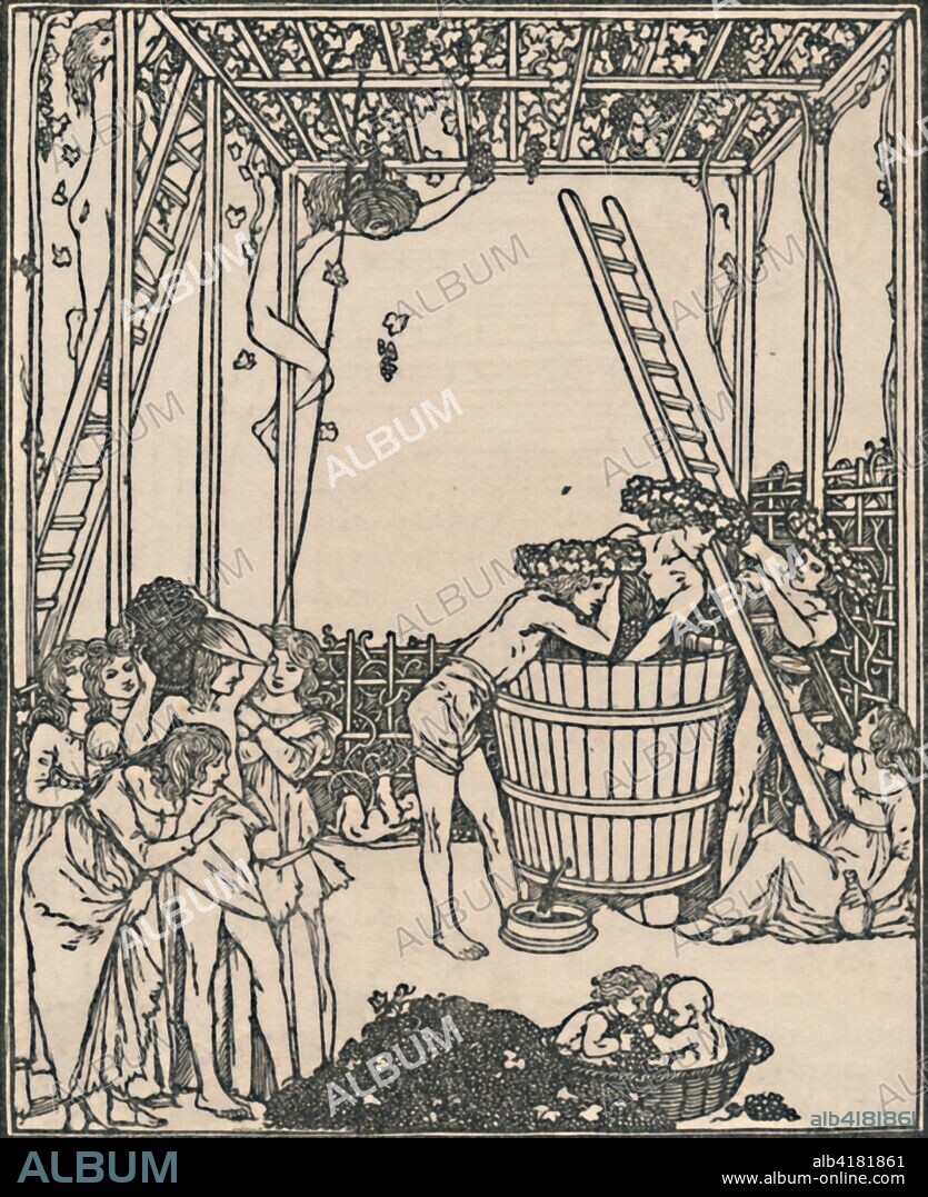 'The Vintage', 1919. Grape harvest and wine-making. Illustration for Daphnis and Chloe. From Modern Woodcuts and Lithographs by British and French Artists, by Geoffrey Holme. [The Studio Ltd., London, Paris, New York, 1919].