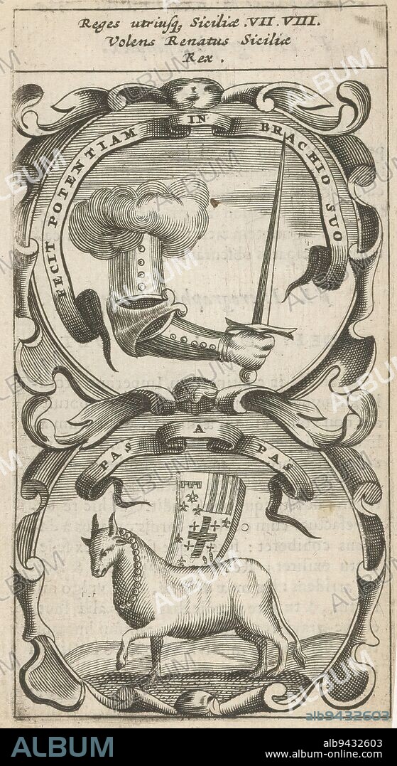 Harnessed arm with sword / Running ox, Fecit Potentiam Brachio Suo / Pas a Pas (title on object), Symbola Divina et Humana Pontificum Imperatorum Regum (series title), An emblem with two representations. Above a harnessed arm from the clouds with a sword. Below a walking ox or bull with a chain around its neck and coat of arms on its back. These are possibly currencies of the kings of Sicily., print maker: anonymous, after print by: Aegidius Sadeler (II), 1666, paper, engraving, letterpress printing, height 119 mm × width 64 mm.