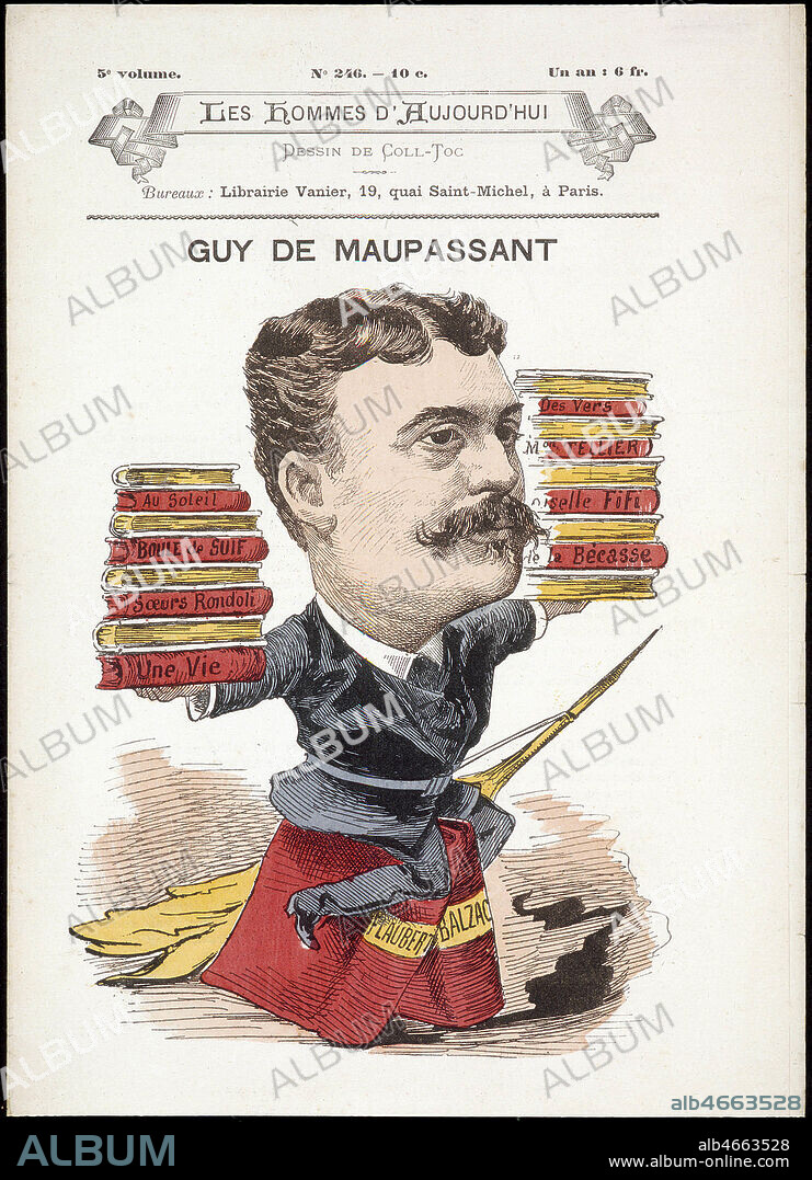 Guy de MAUPASSANT presente ses oeuvres a cheval sur celles de Honore de BALZAC et de Gustave FLAUBERT. Portrait-charge par COLL-TOC pour Les Hommes d'Aujourd'hui.