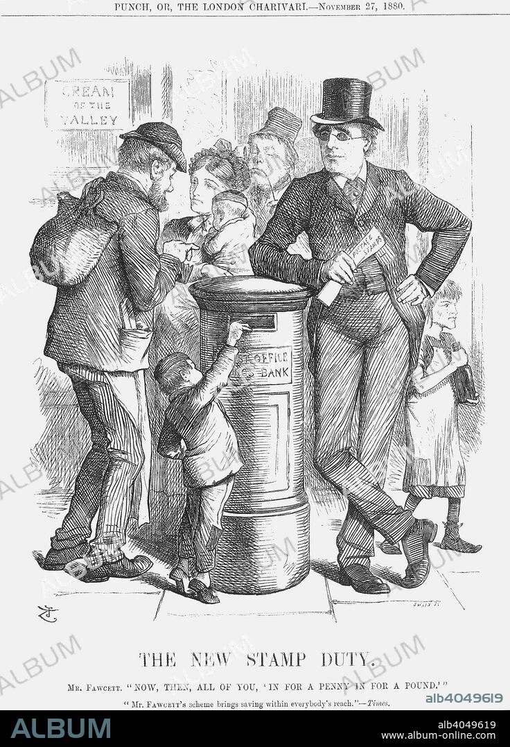 'The New Stamp Duty', 1880. The gentleman in the dark glasses is Mr Henry Fawcett, the blind Postmaster General. He had just introduced a scheme whereby small amounts could be saved in the Post Office Savings Bank by the accumulation of stamps. Twelve penny stamps could be put on one sheet and received as a deposit of one shilling. The little boy is posting his savings, but the little girl on the right has been sent by her more feckless parents to fetch a bottle of beer with their money. From Punch, or the London Charivari, November 27, 1880.