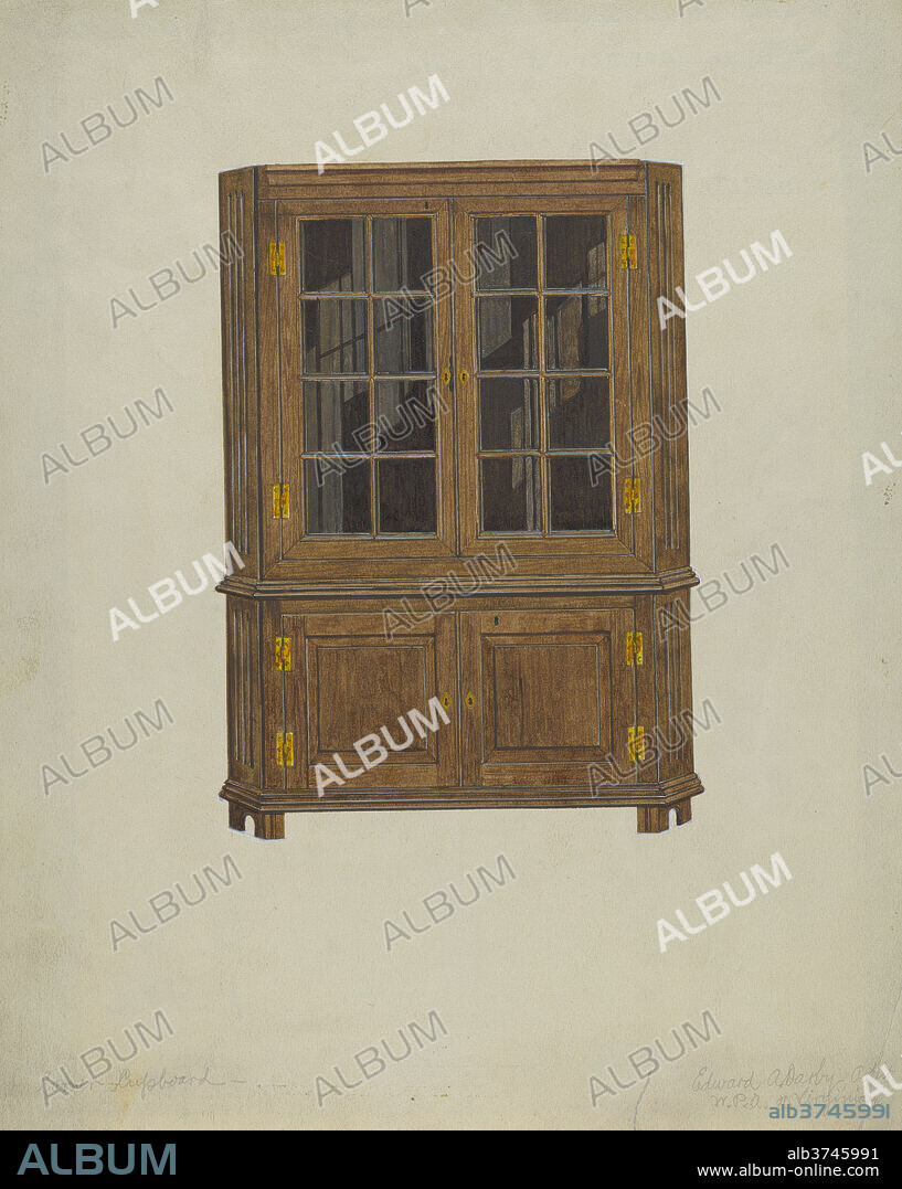 EDWARD A. DARBY. Corner Cupboard. Dated: 1935/1942. Dimensions: overall: 29.5 x 23.3 cm (11 5/8 x 9 3/16 in.)  Original IAD Object: 92"high; 48"wide at front. Sides 5"wide. Medium: watercolor, colored pencil, pen and ink, gouache, and graphite on paper.