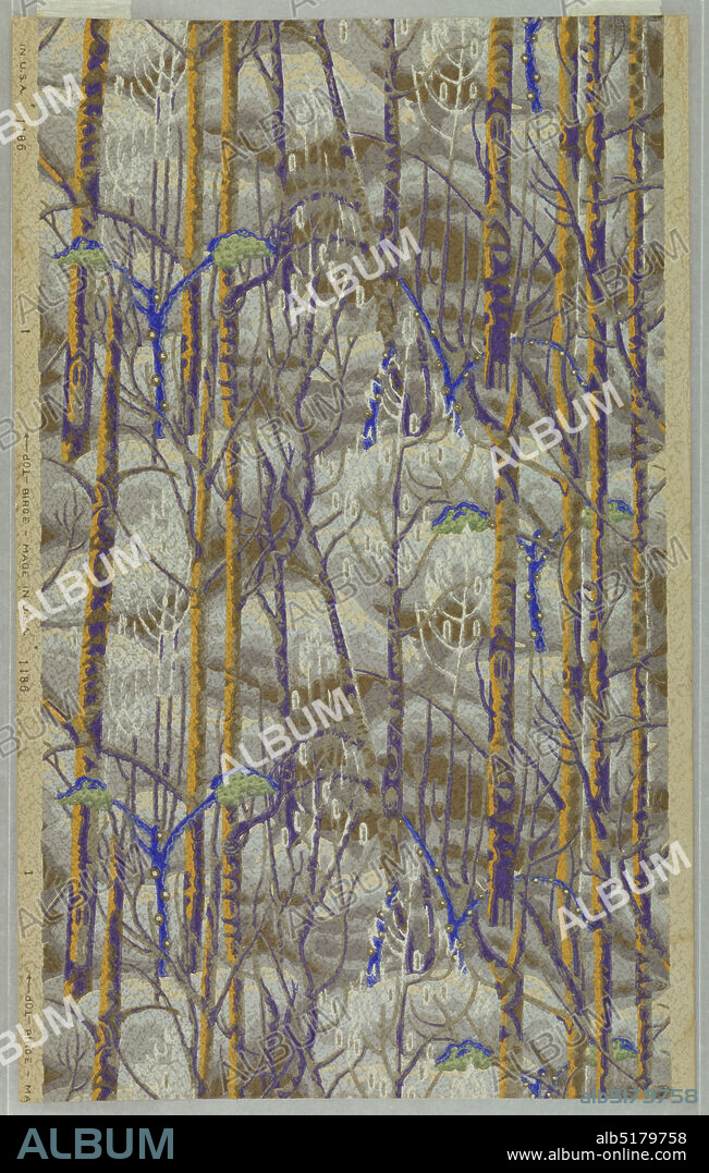 The Birches, Charles Burchfield, 1893 1967, Charles Burchfield, 1893 1967, M.H. Birge & Sons Co., 1834, Machine-printed paper, embossed, Repeating scene of a forest of birch trees in winter. Printed in purples, blue, ocher and white on tan embossed ground., Buffalo, New York, USA, 1921, Wallcoverings, Sidewall, Sidewall.