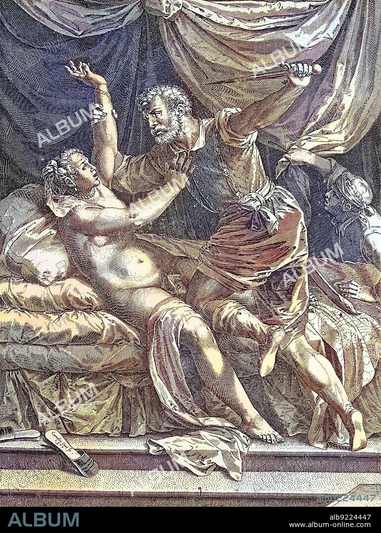 The Rape of Lucretia, Lucretia was a Roman woman from the mythical early period, daughter of Spurius Lucretius Tricipitinus and woman of Collatinus from the royal family of the Tarquinians. She was famous for her beauty and even more for her virtue, copper engraving by Cornelio Cort after the painting by Zizian, 1570, digitally restored reproduction of a 19th century original, exact original date not known