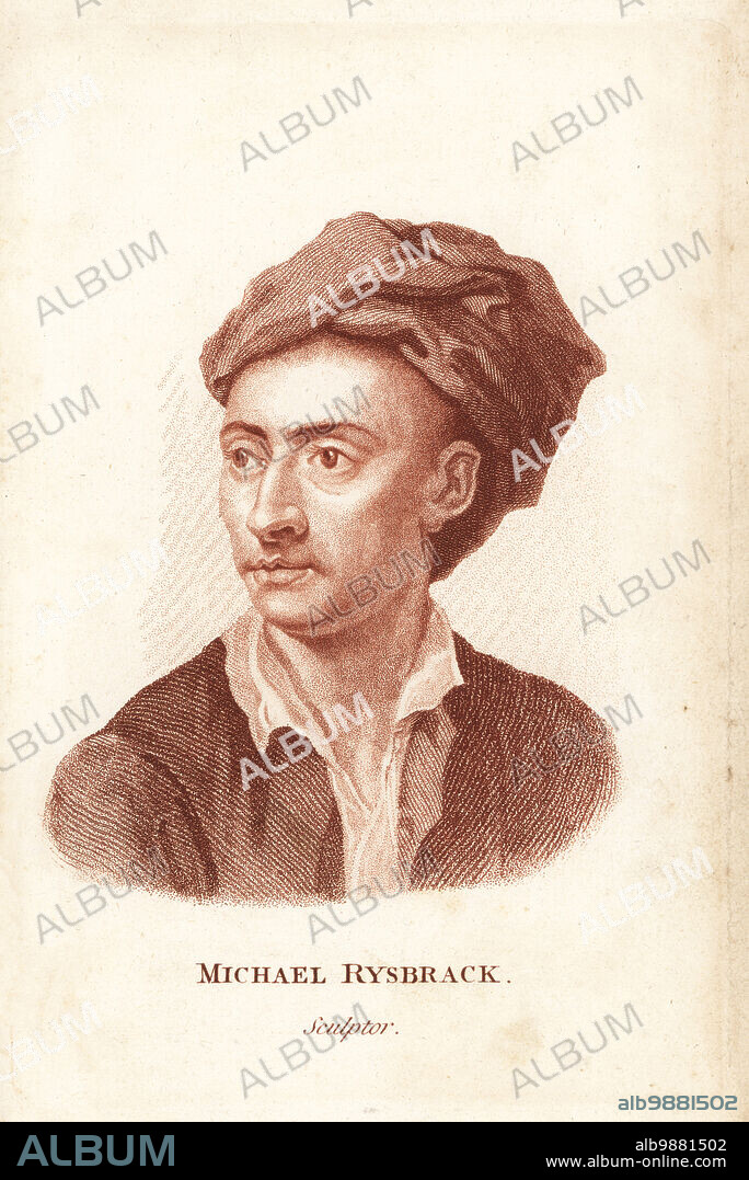 John Michael Rysbrack, Jan Michiel Rijsbrack, Flemish Baroque sculptor, in turban and coat, 1694-1770. Copperplate stipple engraving after a portrait by John Vanderbank from Francis Fitzgeralds The Artists Repository and Drawing Magazine, Charles Taylor, London, 1785.