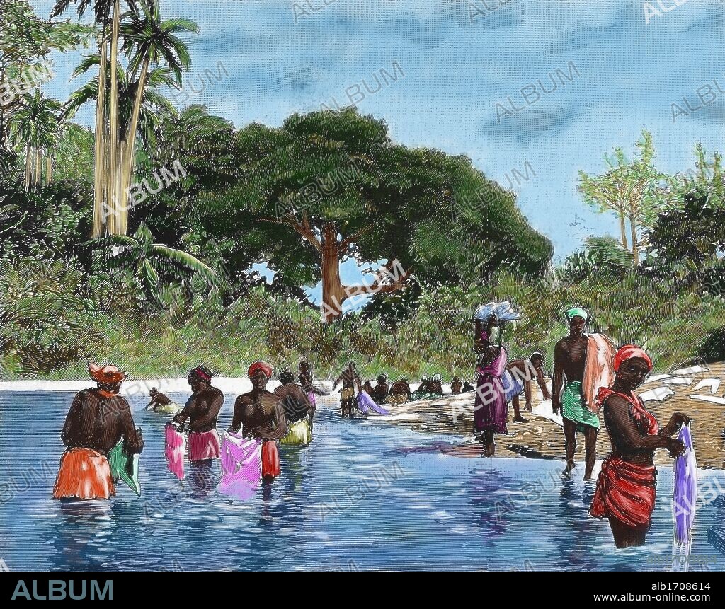 Washerwomen on the river Chagres. Matachi´n (Panama Canal). Colored engraving of 1879.