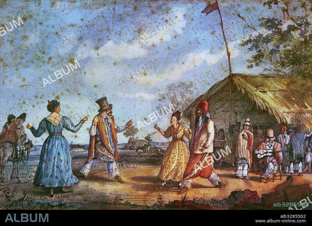 Folklore. Argentina. Buenos Aires. 19th century. Traditional dance "Cielito". Lithograph of a watercolor by Carlos Enrique Pellegrini, 1831. National Historical Museum. Buenos Aires. Argentina.