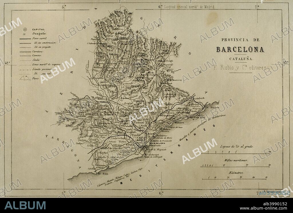 Mapa de la Provincvia de Barcelona. Cataluña, España. Crónica General de España, Historia Ilustrada y Descriptiva de sus Provincias. Cataluña, 1866. Biblioteca Histórico Militar de Barcelona. Cataluña, España.