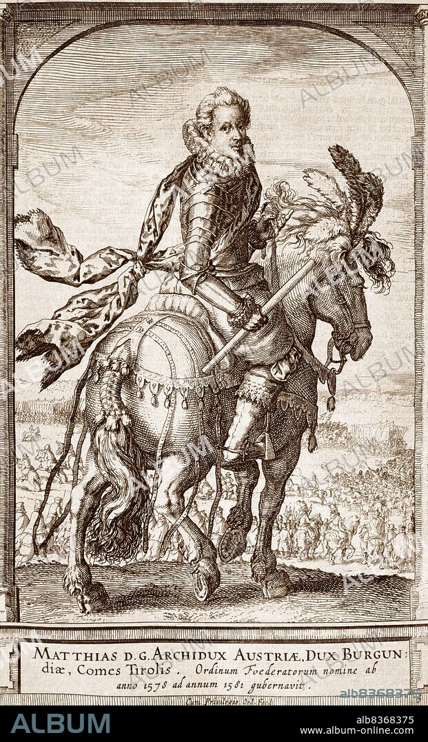 Matthias (1557-1619) was the son of Emperor Maximilian II and younger brother of Emperor Rudolf II. On the death of Rudolf in 1612, Matthias became Holy Roman emperor.