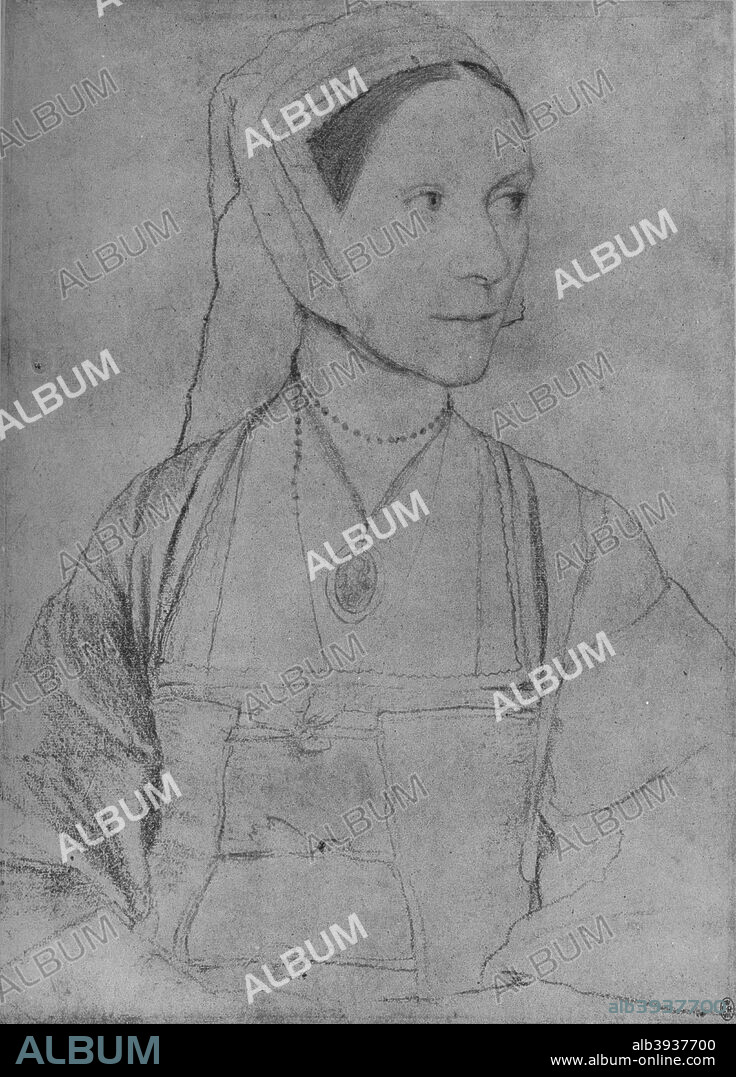 'Cecily Heron', 1526-1527 (1945). Cicely Heron (b.1507), daughter of Sir Thomas More. The drawing is part of the Royal Collection Trust, Windsor Castle. From The Drawings of Holbein at Windsor Castle by K. T. Parker. [The Phaidon Press Ltd, Oxford & London, 1945].