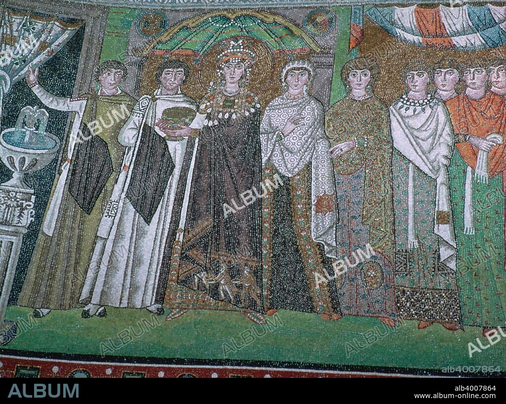 Mosaic of Theodora (c. 500  28 June 548), Empress of Justinian I, and her court in San Vitale, 6th century.