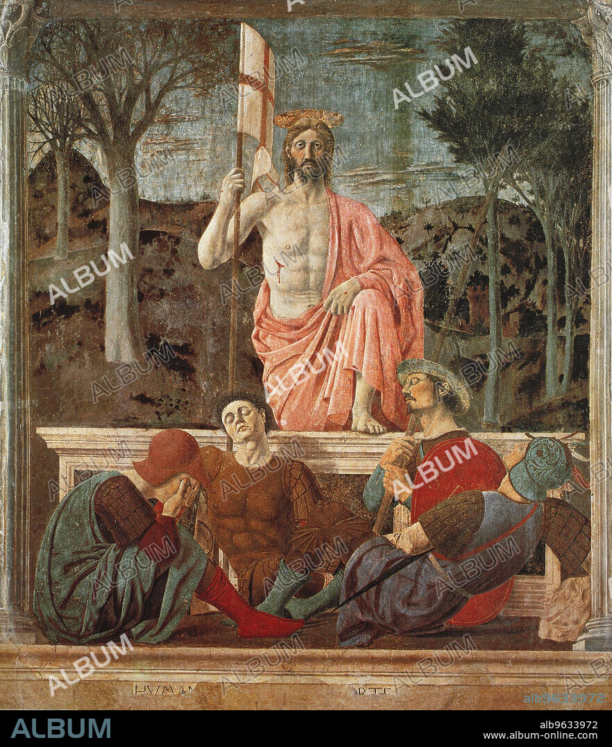 Piero della Francesca, Pietro di Benedetto dei Franceschi, also Pietro Borghese, born c. 1410 to 1420, buried October 12, 1492, was an Italian painter of the early Renaissance, here the painting The Resurrection, Historic, digitally restored reproduction of an original 19th century master, exact original date unknown.