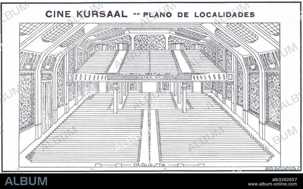 Barcelona. Plano de las localidades del Cine Kursaal, inaugurado en 1921. Dibujo de 1930.