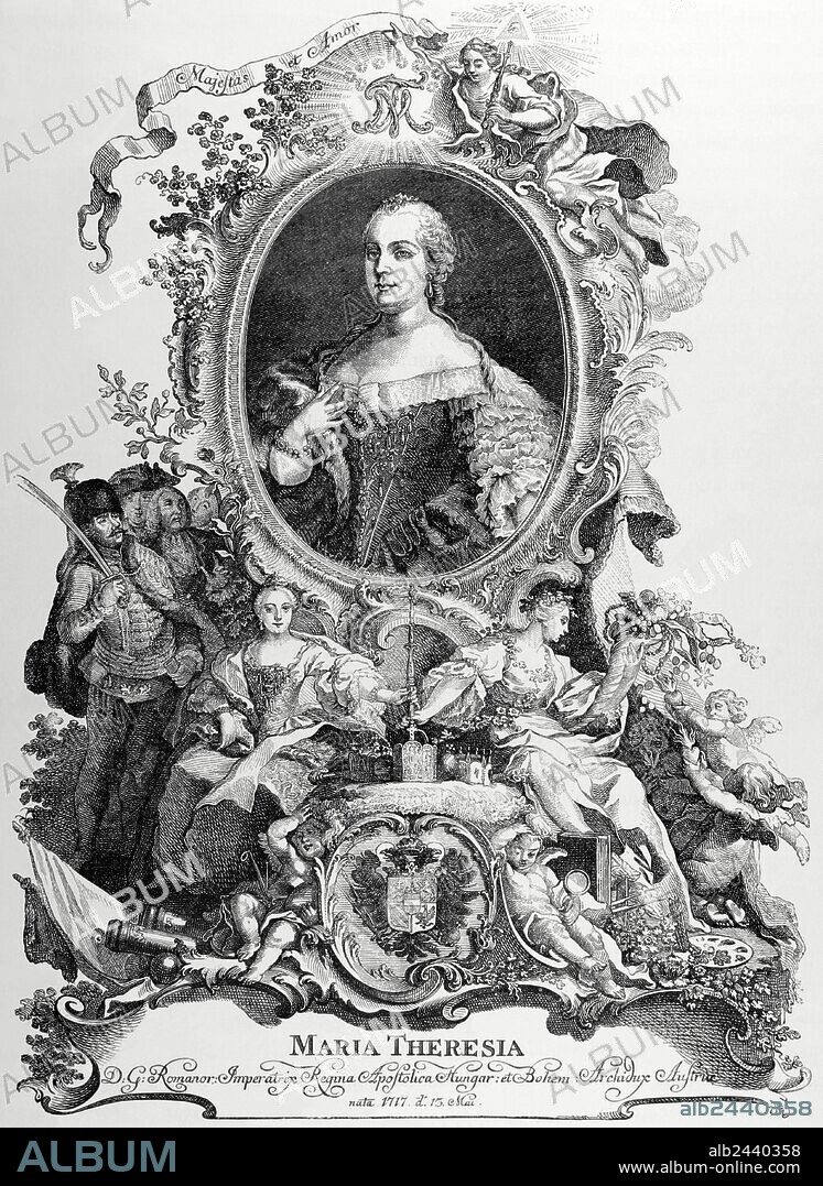 MARIA TERESA DE AUSTRIA (Viena,1717-Viena,1780). Archiduquesa de Austria, emperatriz de Alemania (1740-1780), reina de Hungría (desde 1741) y de Bohemia (desde 1743), primogénita de Carlos VI. Retrato. Grabado de Germania, año 1882.