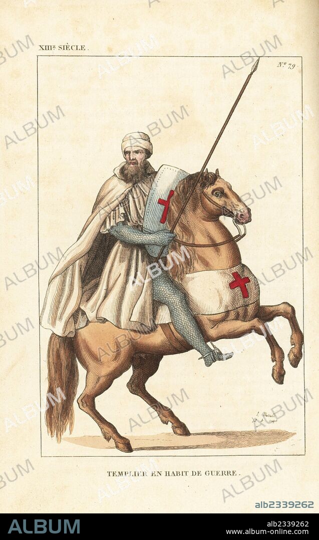 Knight Templar in combat uniform, 13th century. He wears a white bonnet, hooded cape (showing elite rank) and tunic over chainmail suit of armour. He carries a lance and buckler with red cross, given to the order by Pope Eugene III in 1146. Handcoloured copperplate drawn and engraved by Leopold Massard from "French Costumes from King Clovis to Our Days," Massard, Mifliez, Paris, 1834.