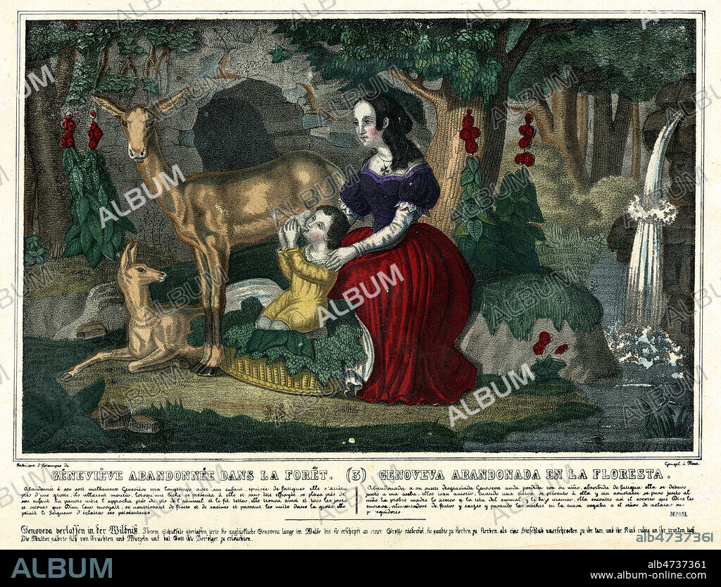 Genevieve de Brabant abandonnee dans la foret. Illustration anonyme pour une planche d'imagerie Gangel vers 1860. Credit : Collection IM/KHARBINE-TAPABOR.