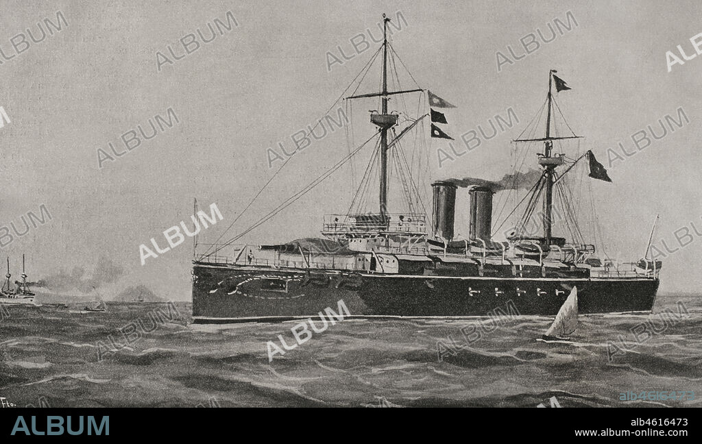 ANTONIO DE CAULA (1847-C. 1904). SPANISH ARTIST.. Marina de Guerra Española. El crucero acorazado "Vizcaya" (1894) en viaje para Nueva York, adonde fué enviado a modo de intercambio por la visita amistosa del USS Maine a La Habana. Tras el hundimiento del Maine regresó a España, uniéndose a la Escuadra del Almirante Cervera para combatir en la Guerra de Cuba. Ilustración por A. de Caula. Fotograbado. La Ilustración Española y Americana, 1898.