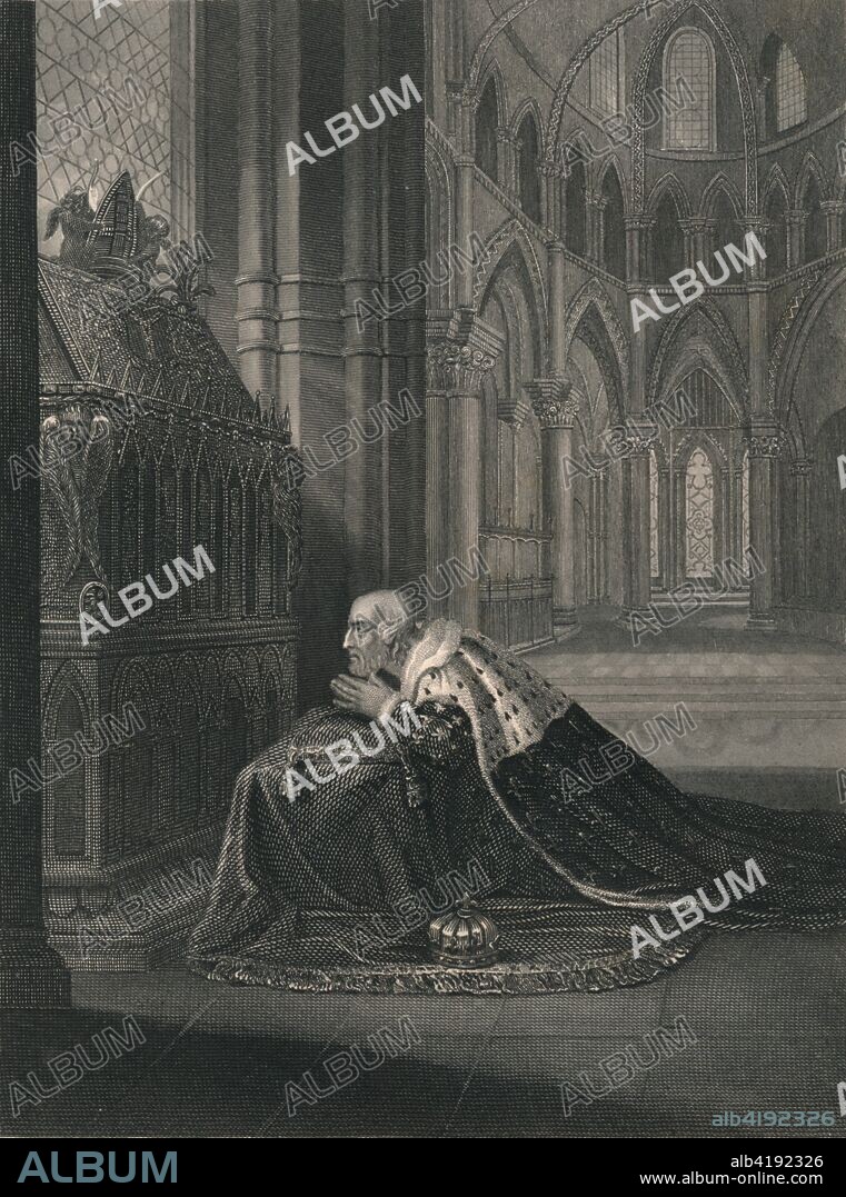 'Lewis VII., King of France, Before Becket's Tomb', (mid 19th century). King Louis VII of France (1120-1180) kneeling in prayer at the tomb of St Thomas Becket in Canterbury Cathedral. He is wearing an ermine-trimmed cloak decorated with fleurs-de-lis, his crown on the ground beside him. Becket was murdered in the cathedral in 1170. Engraving after a painting made c1800. [John Tallis & Company, London & New York].