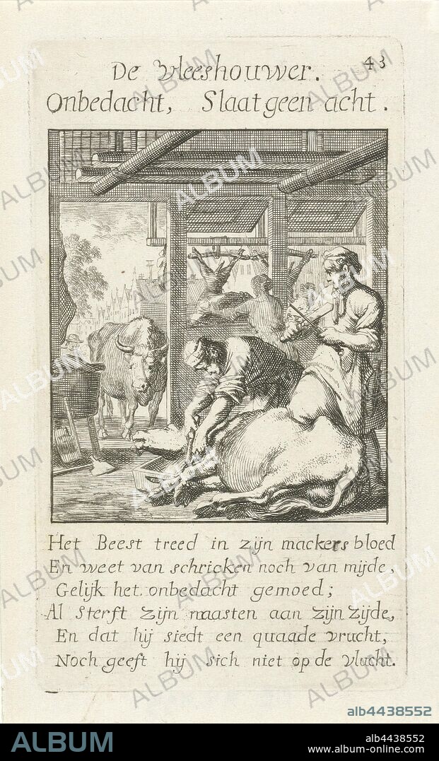 Butcher De Vleeshouwer (title on object) The Menselyk Bedryf (series title), handicrafts, craftsman at work, butcher, slaughterman, Jan Luyken, Amsterdam, 1694, paper, etching, h 142 mm × w 80 mm.