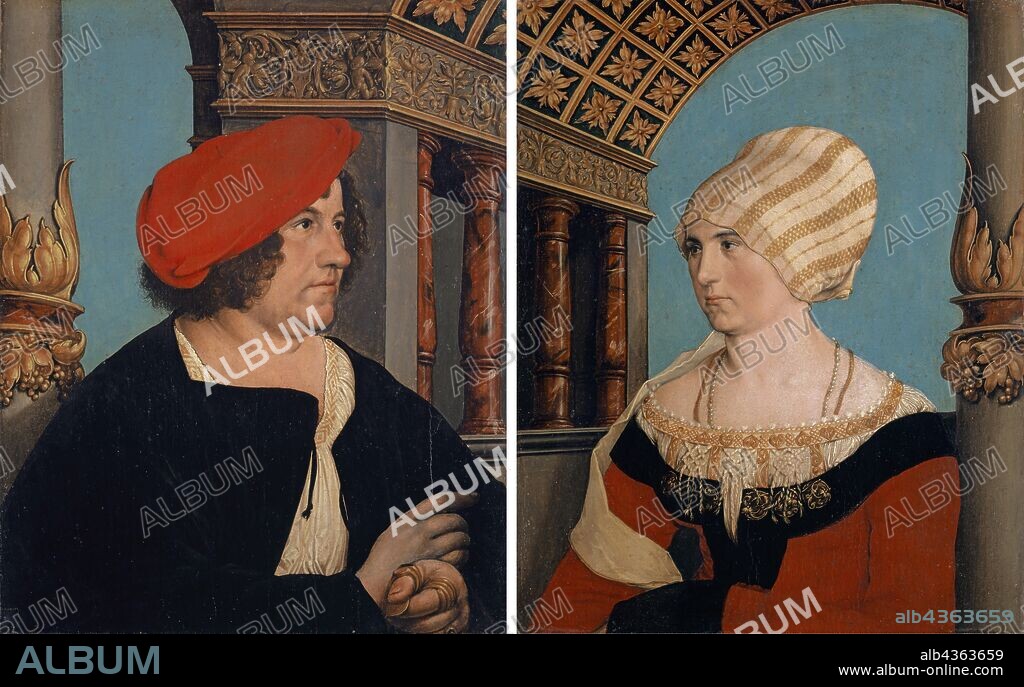 Double portrait of Jacob Meyer zum Hasen and his wife Dorothea Kannengiesser (inside pages), Coat of arms of Jacob Meyer on a red ground (outside of the male portrait), 1516, oil on lime wood, each 39.7 x 31.9 cm (right panel H 39.5 cm), monogrammed and dated in the cartouche in the frieze above Jacob Meyer: HH, 1516, Hans Holbein d. J., Augsburg um 1497/98–1543 London.