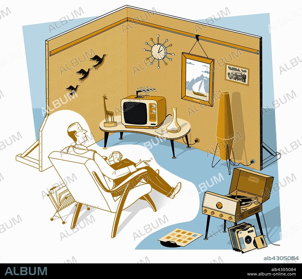 Man fading away in fake living room surrounded by old-fashioned belongings.
