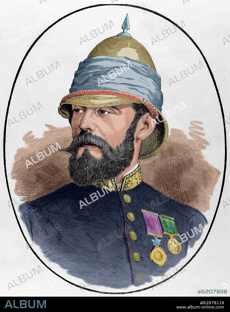 Sir Pierre Louis Napoleon Cavagnari (1841-1879). Administrador militar británico. Al servicio de la Compañia de las Indias Orientales. Se distinguió en el ejército inglés en la India Oriental y en Africa. Embajador en Afganistán, donde fue asesinado por los insurrectos. Grabado por Arturo Carretero. "La Ilustración Española y Americana", año 1879. Coloreado.