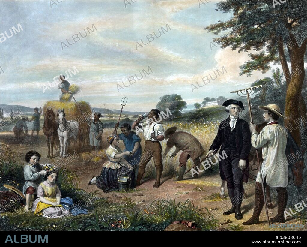 Entitled: " Life of George Washington - The farmer." Washington standing among African-American field workers harvesting grain; Mt. Vernon in background. George Washington (February 22, 1732 - December 14, 1799) was the first President of the United States of America, serving from 1789 to 1797, and dominant military and political leader of the United States from 1775 to 1799. He led the American victory over Great Britain in the American Revolutionary War as commander-in-chief of the Continental Army from 1775 to 1783, and presided over the drafting of the Constitution in 1787. Washington became the first president by unanimous choice, and oversaw the creation of a strong, well-financed national government that maintained neutrality in the wars raging in Europe, suppressed rebellion and won acceptance among Americans of all types. His leadership style established many forms and rituals of government that have been used since, such as using a cabinet system and delivering an inaugural address. Washington died at home around 10 p.m. on Saturday, December 14, 1799, aged 67. The last words in his diary were "'Tis well." He is consistently ranked among the top three presidents of the United States, according to polls of both scholars and the general public. Painting by Junius Brutus Stearns, 1854.
