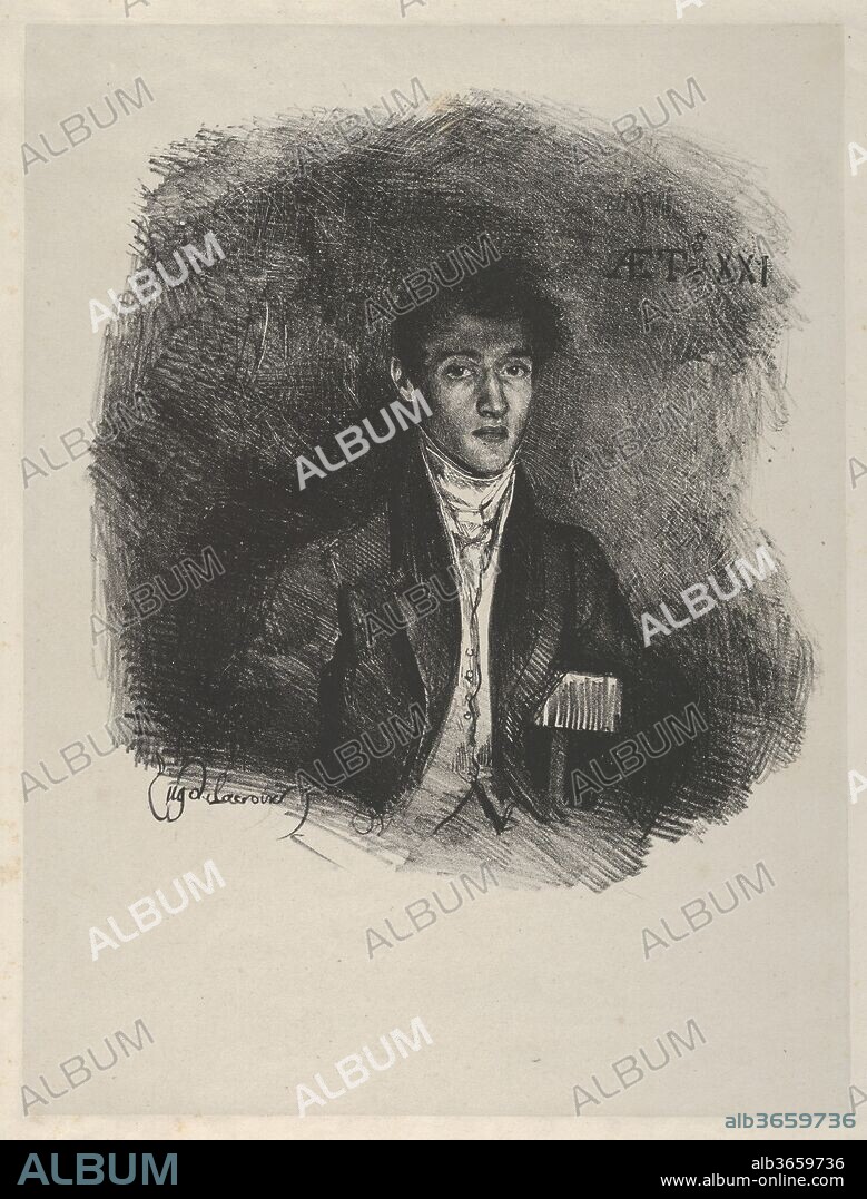 EUGENE DELACROIX. Baron Schwiter (Louis Auguste Schwiter, 1805-1889). Artist: Eugène Delacroix (French, Charenton-Saint-Maurice 1798-1863 Paris). Dimensions: Image: 8 5/8 x 7 7/8 in. (21.9 x 20 cm)
Sheet: 11 5/8 x 8 3/4 in. (29.6 x 22.3 cm). Date: 1826.
Baron Schwiter was related to Delacroix's friend Jean-Baptiste Pierret, and it was probably through this relationship that he met and became friends with Delacroix. The artist completed this portrait of his friend and fellow painter when the baron-to-be was just twenty-one. In the same year he began a painting of Schwiter, which was refused a place in the Salon of 1827; it was later purchased by Degas and now hangs in the National Gallery, London.