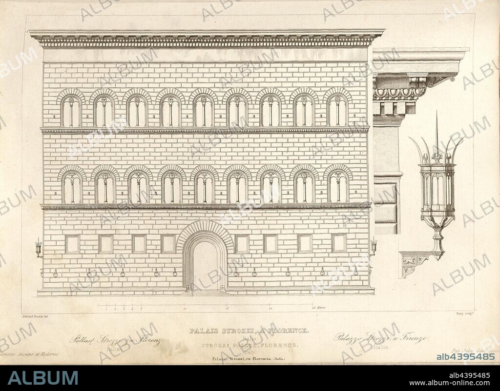 Strozzi Palace, Florence. Italy, Palazzo Strozzi in Florence, signed: Edmond Prestat del, Bury sculp, Fig. 29, p. 153, Prestat, Edmond (del.); Bury, Jean Baptiste Marie (sc.), 1853, Jules Gailhabaud: Monuments anciens et modernes: collection formant une histoire de l'architecture des différents peuples à toutes les époques. Paris: Librairie de Firmin Didot frères, 1853.