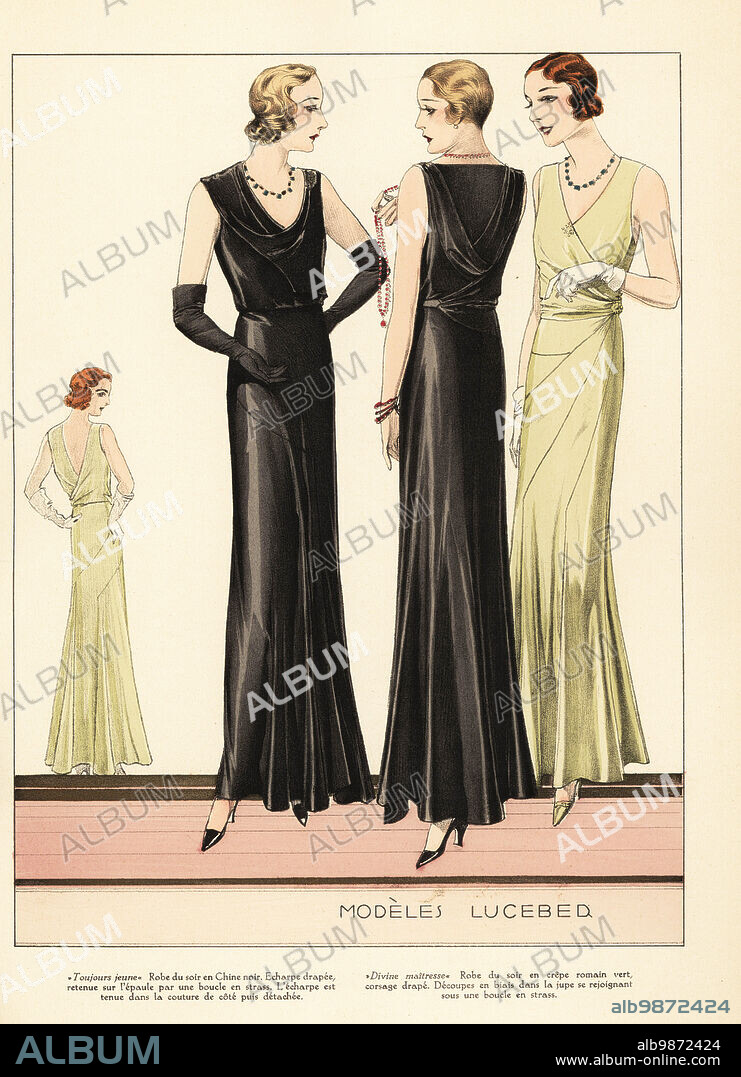 Woman in Always Young evening dress in black crepe de chine, with draped scarf held on the shoulder by a rhinestone buckle. Woman in Divine Mistress evening dress in green Roman crepe. Marcel wave bob hairstyle. Fashion designs by Luceber. Toujours jeune: Robe du soir en Chine noir, echarpe drapee, retenue sur l'epaule par une boucle en strass. L'echarpe est tenue dans la couture de cote pis detachee. Divine maitresse: robe du soir en crepe romain vert, corsage drape, decoupes en biais dans la jupe se rejoignant sous une boucle en strass. Handcoloured pochoir lithograph from La Grande Couture, Creations pour la Femme Mondaine, Atelier Bachwitz, publisher of Chic Parisien, Vienna, September, 1931.