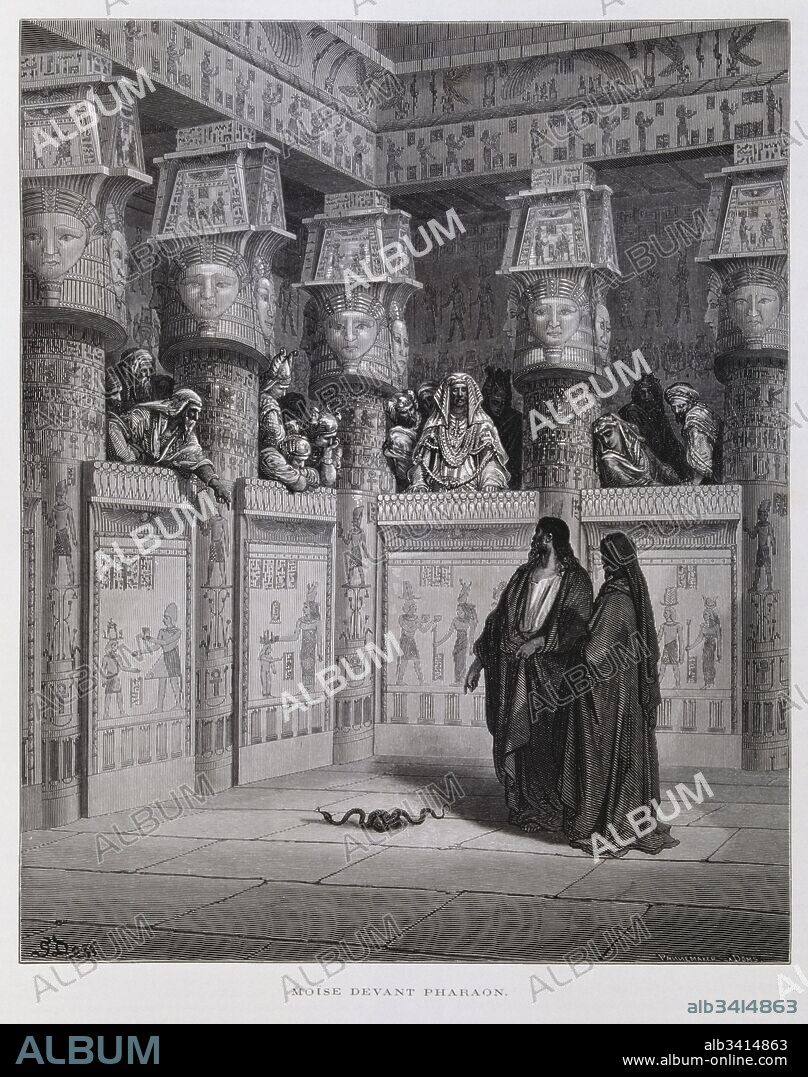 Moses the Hebrew prophet turns his staff into a serpent in front of the Egyptian King, Illustration from the Dore Bible 1866. In 1866, the French artist and illustrator Gustave Doré (1832–1883), published a series of 241 wood engravings for a new deluxe edition of the 1843 French translation of the Vulgate Bible, popularly known as the Bible de Tours. This new edition was known as La Grande Bible de Tours and its illustrations were immensely successful..