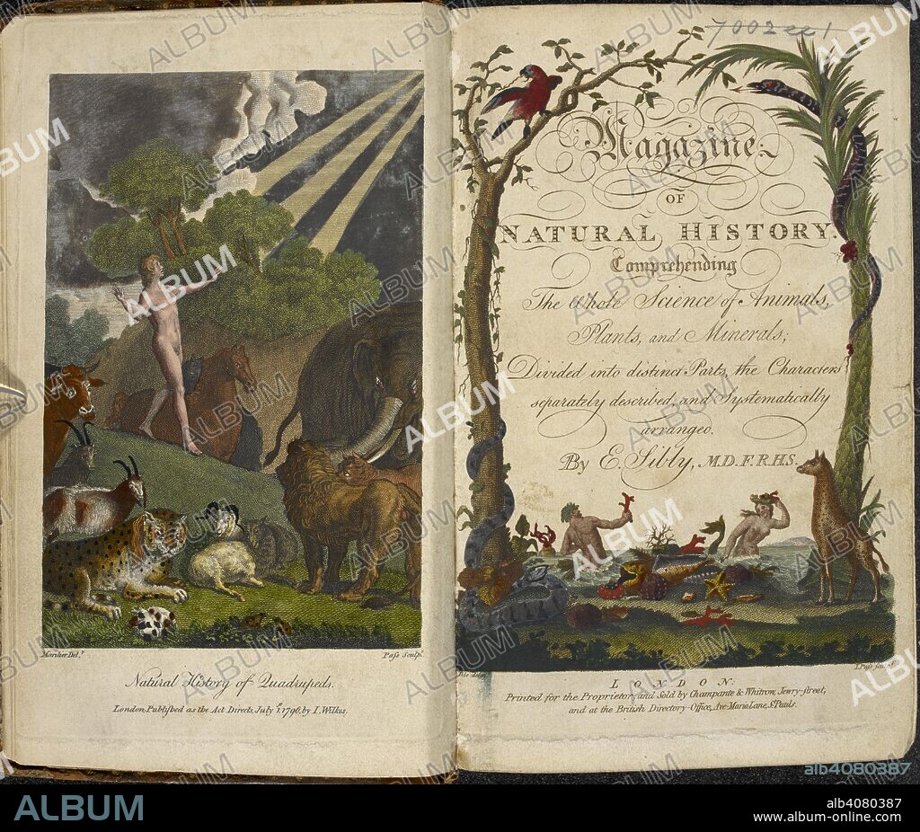 EBENEZER SIBLEY y J PASS. A naked man, Adam?, walking among animals. An universal system of natural history including the natural history of man, etc. (Magazine of Natural history ...). London, [1794-1807.]. Source: 1509/871 frontispiece and title page. Language: English.