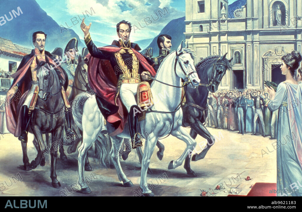Triumphal Entry of Bolivar, Santander and Anzoategui to the main square of Santa Fe de Bogota in 1819.