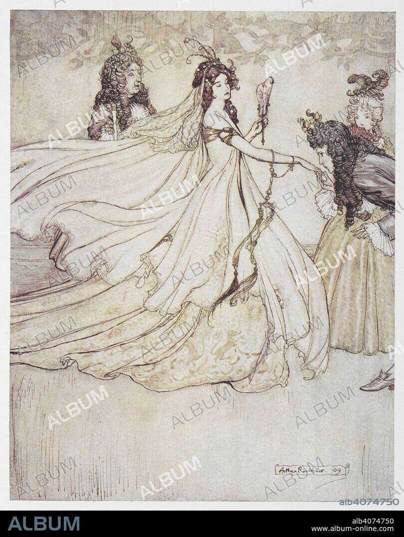 ARTHUR RACKHAM y JACOB Y WILHELM GRIMM. Cinderella (Ashenputtel) in a ball gown. Grimm's Fairy Tales. Illustrated by Arthur Rackham. London : William Heinemann, [1925]. 'Ashenputtel goes to the ball.'. Source: 12410.r.7. facing page 192.