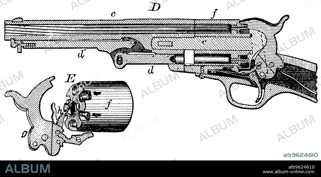 Sectional view of the Colt revolver, c1880. The Colt revolver, invented by Samuel Colt (1814-1862). After the Mexican war of 1846-1848, Colt's weapon was adopted by the US army. From The Practical Dictionary of Mechanics edited by Edward H Knight, (London and New York, c1880).