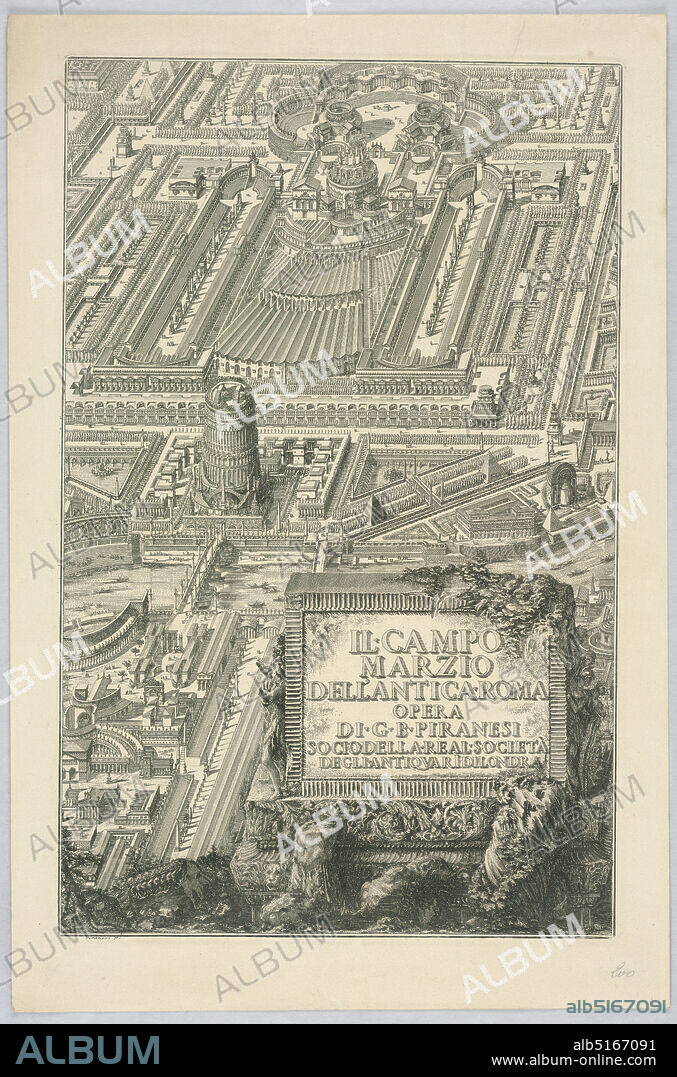 Title page, 'Il Campo Marzio dell'Antica Roma,' from part 20 of 'The Complete Works of Giovanni Battista Piranesi', Giovanni Battista Piranesi, Italian, 17201778, Francesco Piranesi, Italian, about 1756 - 1810, Etching on off-white laid paper, Small section of the Campus Martius in vertical rectangle. At bottom right, a tablet overgrown with vegetation is inscribed with title of the section: 'IL CAMPO / MARZIO / DELL'ANTICA ROMA / OPERA / DI G B PIRANESI / SOCIO DELLA REAL SOCIETA DEGLI ANTIQVARI DI LONDRA., 1800, architecture, Print, Print.