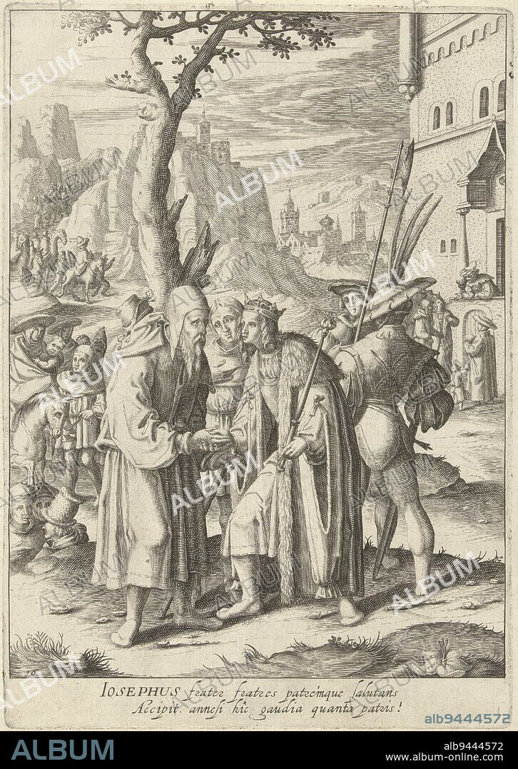 Jacob travels with his entire family to Egypt to settle down. In the city of Goshen he meets his son Joseph., Joseph meets Jacob in Goshen History of Joseph (series title), print maker: Robert de Baudous, Lucas van Leyden, Northern Netherlands, 1591 - 1659, paper, engraving, h 286 mm × w 203 mm.